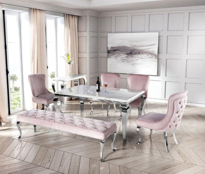 Louis White 180cm Marble Dining Table + Button Back Chairs, 140cm Bench-Esme Furnishings