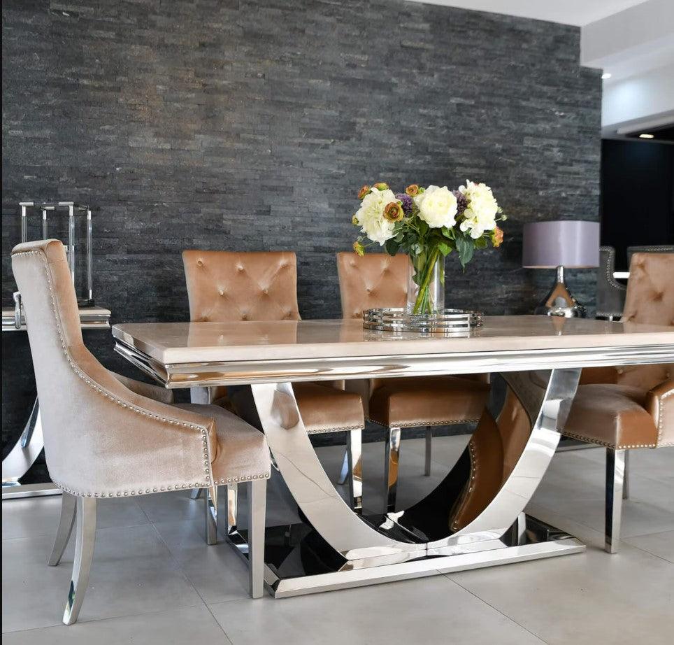 Arial 200cm White Marble Dining Table + Champagne Knocker Plush Velvet Chairs-Esme Furnishings