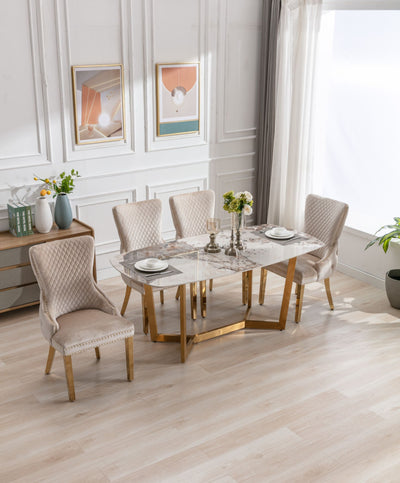 Lucien 150cm Gold Oval Dining Table with Pandora Gold Ceramic Marble Top + Cream/Gold  Ring Knocker Velvet Chairs