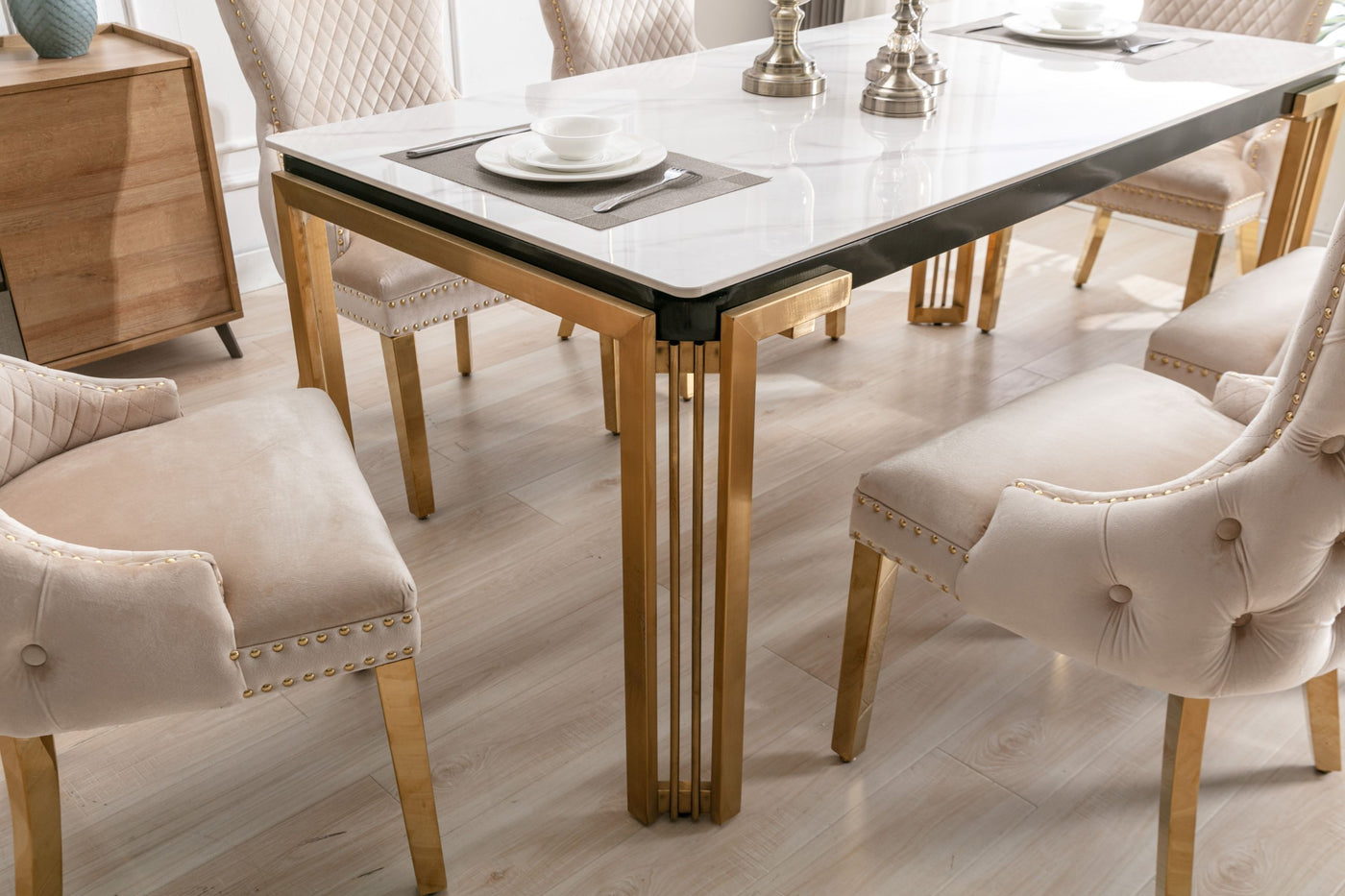 Sorrento 150cm Gold Dining Table with White Ceramic Marble Top + Cream/Gold  Ring Knocker Velvet Chairs