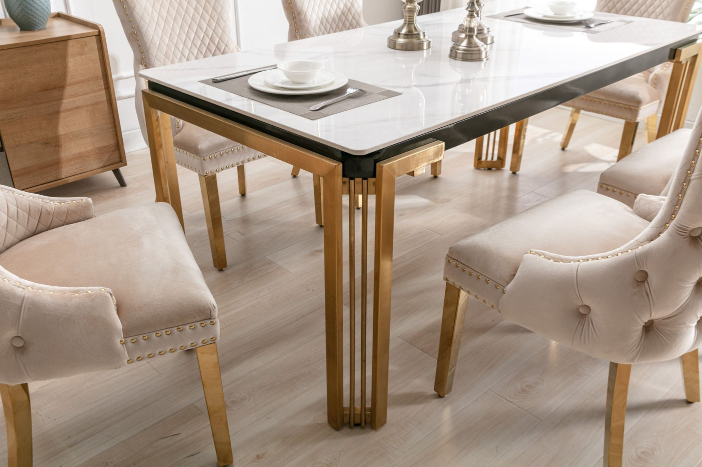 Sorrento 180cm Gold Dining Table with White Ceramic Marble Top + Cream/Gold  Ring Knocker Velvet Chairs