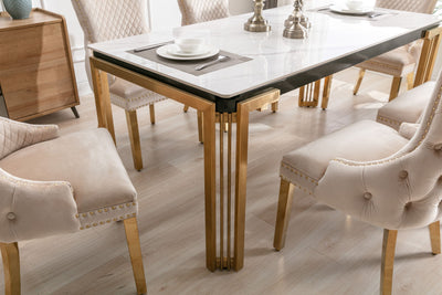 Sorrento 180cm Gold Dining Table with White Ceramic Marble Top + Cream/Gold  Ring Knocker Velvet Chairs