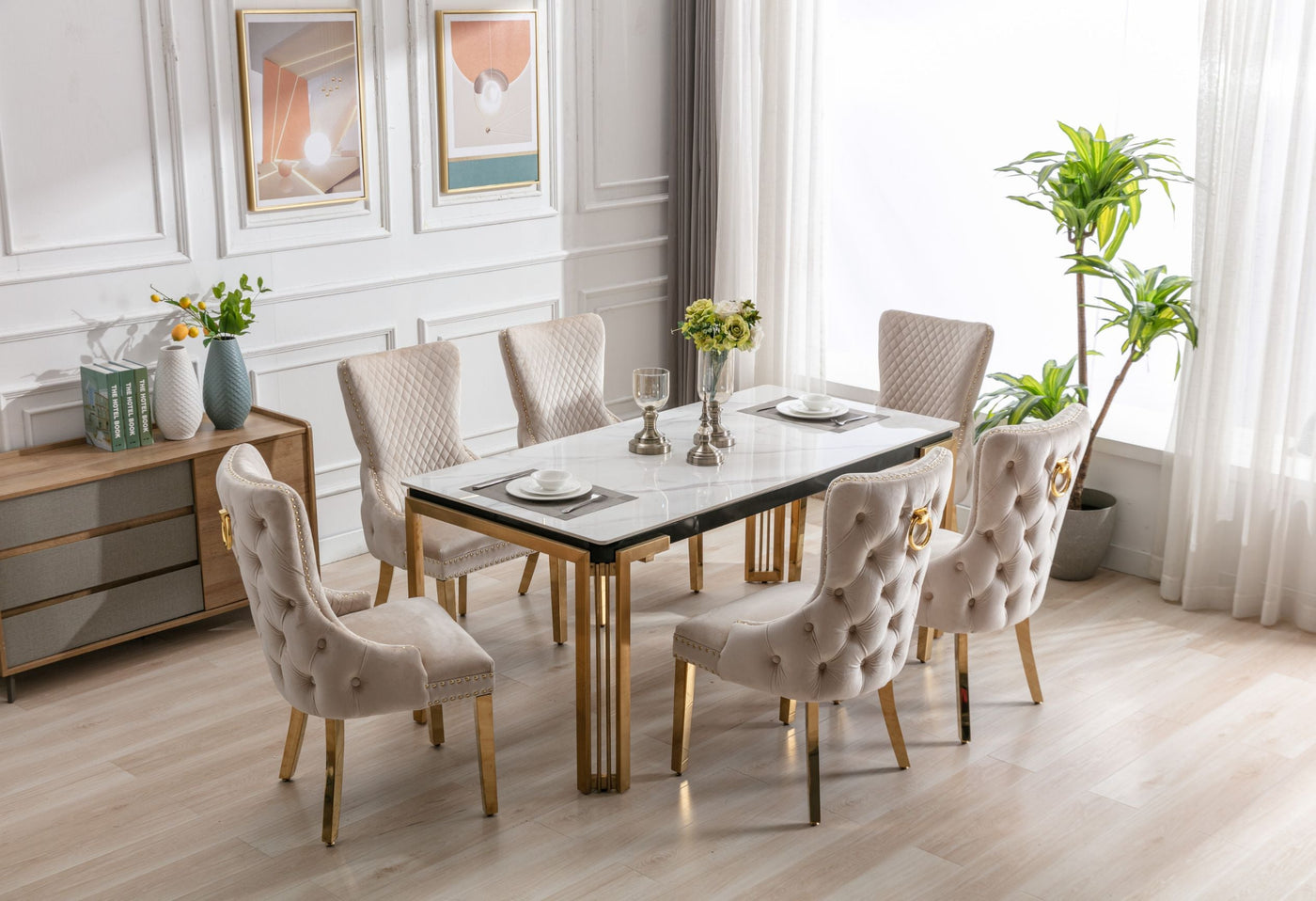 Sorrento 180cm Gold Dining Table with White Ceramic Marble Top + Cream/Gold  Ring Knocker Velvet Chairs