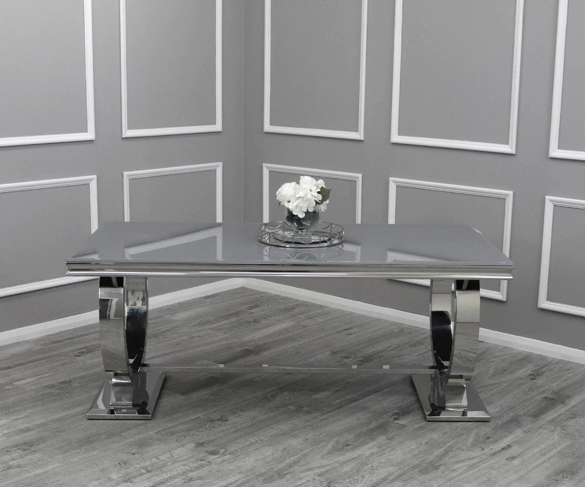 Arianna Glass & Chrome Dining Table With Quilted Lion Knocker Button Back Velvet Chairs