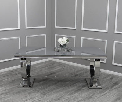 Arianna Glass & Chrome Dining Table With Quilted Lion Knocker Button Back Velvet Chairs