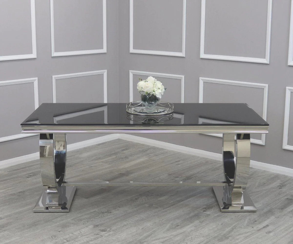 Arianna Glass & Chrome Dining Table With Quilted Lion Knocker Button Back Velvet Chairs