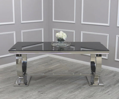 Arianna Glass & Chrome Dining Table With Quilted Lion Knocker Button Back Velvet Chairs