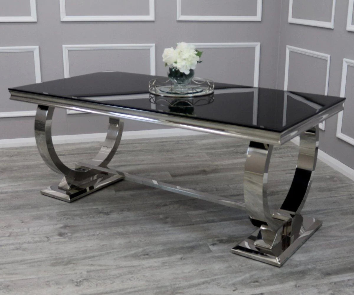 Arianna Glass & Chrome Dining Table With Quilted Lion Knocker Button Back Velvet Chairs