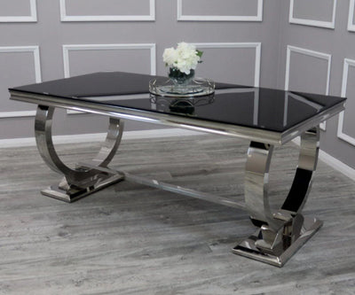 Arianna Glass & Chrome Dining Table With Quilted Lion Knocker Button Back Velvet Chairs
