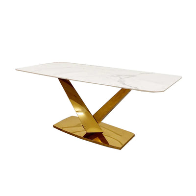 Valeo Gold 180cm Dining Table with Polar White Sintered Stone Top + Etta Beige PU Leather Dining Chairs-Esme Furnishings