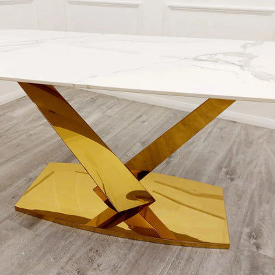 Valeo Gold 180cm Dining Table with Polar White Sintered Stone Top + Etta Beige PU Leather Dining Chairs-Esme Furnishings