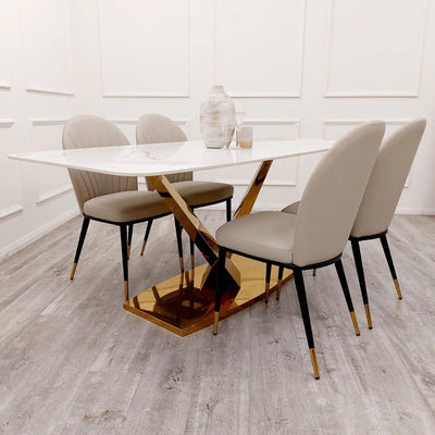 Valeo Gold 180cm Dining Table with Polar White Sintered Stone Top + Etta Beige PU Leather Dining Chairs-Esme Furnishings