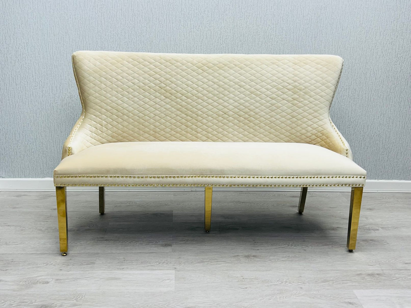 Valentino Gold Lion Knocker Quilted Tufted Cream Plush Velvet 160cm Dining Bench