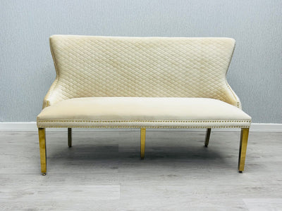 Valentino Gold Lion Knocker Quilted Tufted Cream Plush Velvet 160cm Dining Bench