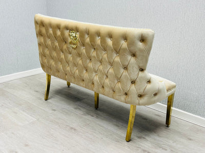 Valentino Gold Lion Knocker Quilted Tufted Cream Plush Velvet 160cm Dining Bench