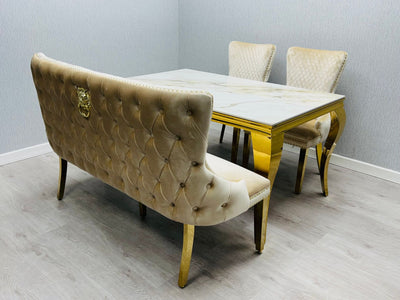 Valentino Gold Lion Knocker Quilted Tufted Cream Plush Velvet 160cm Dining Bench