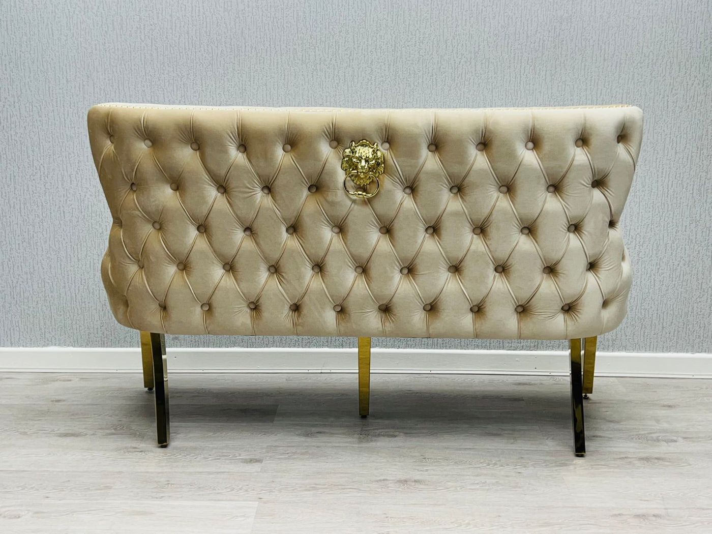 Valentino Gold Lion Knocker Quilted Tufted Cream Plush Velvet 160cm Dining Bench