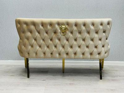 Valentino Gold Lion Knocker Quilted Tufted Cream Plush Velvet 160cm Dining Bench