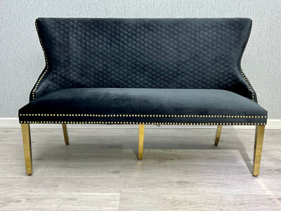 Valentino Gold Lion Knocker Quilted Tufted Black Plush Velvet 160cm Dining Bench