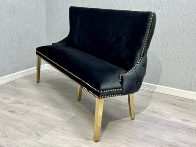 Valentino Gold Lion Knocker Quilted Tufted Black Plush Velvet 160cm Dining Bench