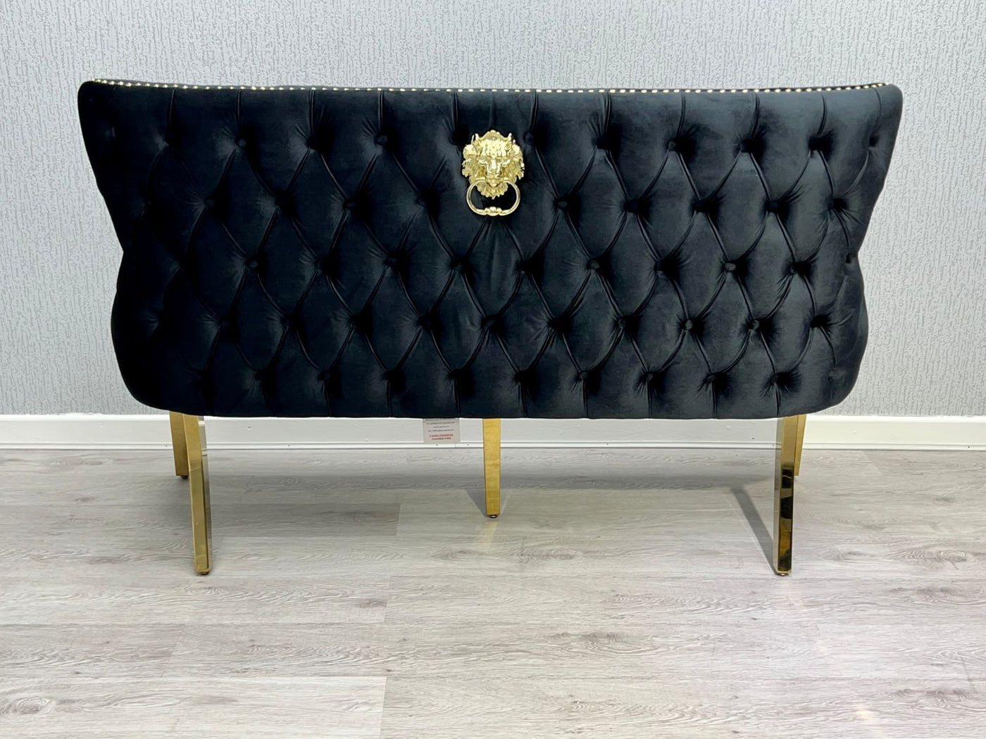 Valentino Gold Lion Knocker Quilted Tufted Black Plush Velvet 160cm Dining Bench