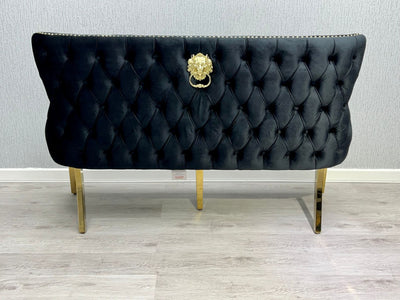 Valentino Gold Lion Knocker Quilted Tufted Black Plush Velvet 160cm Dining Bench
