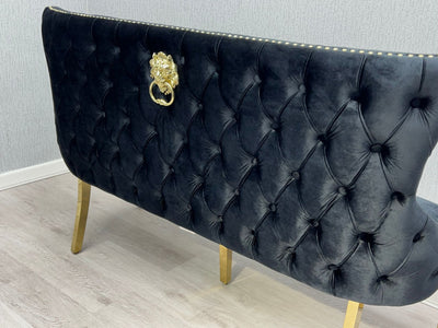 Valentino Gold Lion Knocker Quilted Tufted Black Plush Velvet 160cm Dining Bench
