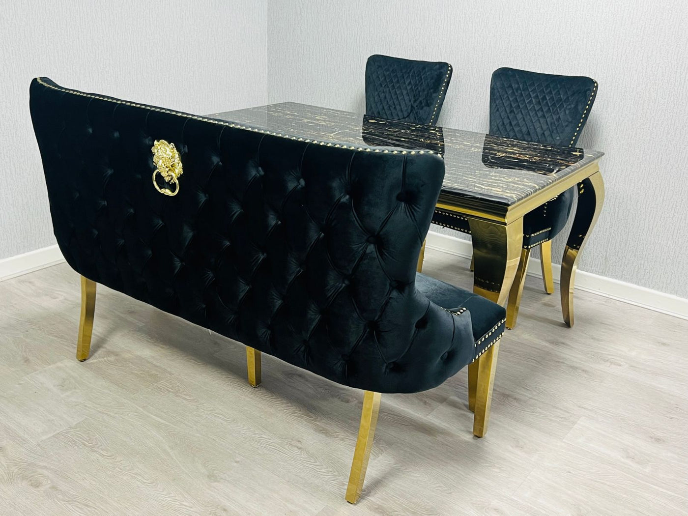 Valentino Gold Lion Knocker Quilted Tufted Black Plush Velvet 160cm Dining Bench
