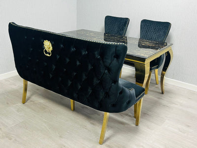 Valentino Gold Lion Knocker Quilted Tufted Black Plush Velvet 160cm Dining Bench