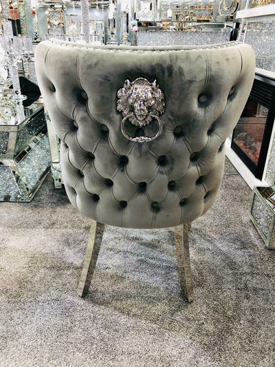 Arianna 200cm White Marble Dining Table + Dark Grey Button Lion Knocker Velvet Chairs-Esme Furnishings