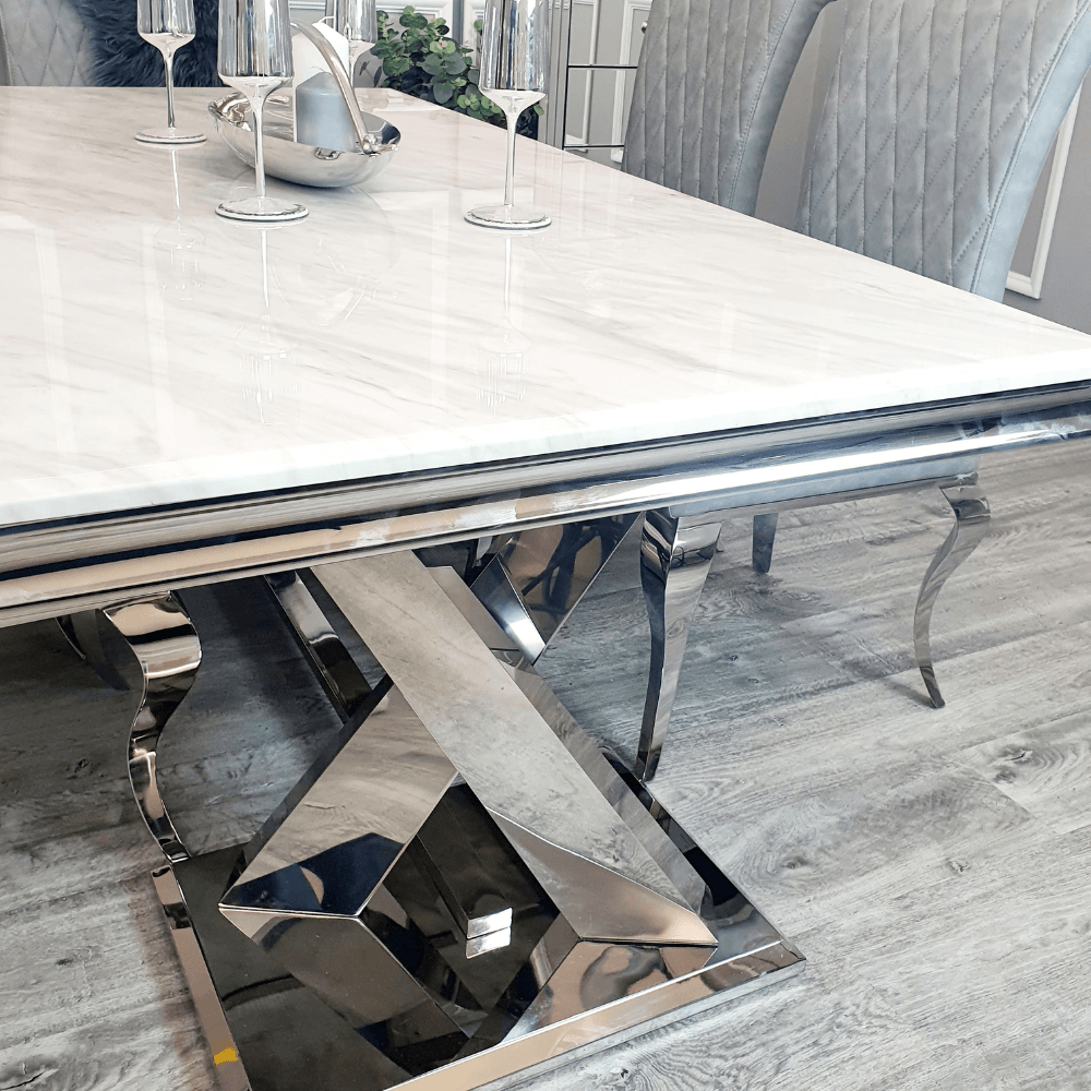 Zavio 180cm White Marble X Frame Dining Table + Nicole PU Leather Dining Chairs-Esme Furnishings