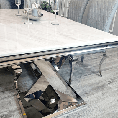 Zavio 180cm White Marble X Frame Dining Table + Nicole PU Leather Dining Chairs-Esme Furnishings