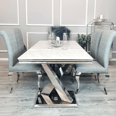 Zavio 180cm White Marble X Frame Dining Table + Nicole PU Leather Dining Chairs-Esme Furnishings