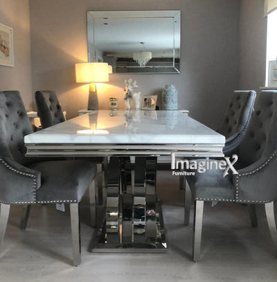 Ottavia White Marble 180CM Dining Table + Knightsbridge Chrome Knocker Plush Velvet Dining Chairs-Esme Furnishings