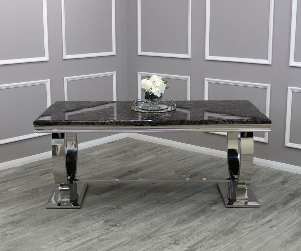 Arianna 150cm Black Marble Dining Table + Lucy Lion Slim Knocker Plush Velvet Chairs-Esme Furnishings