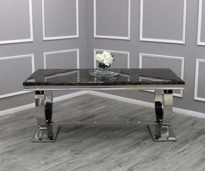 Arianna 150cm Black Marble Dining Table + Lucy Lion Slim Knocker Plush Velvet Chairs-Esme Furnishings