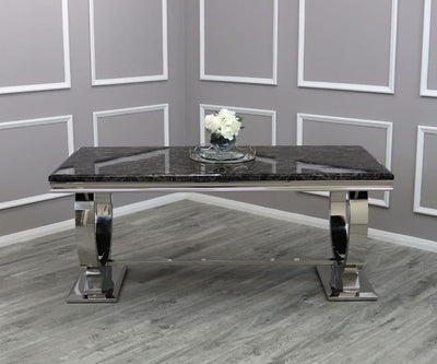 Arianna 180cm Black Marble Dining Table + Valentino Button Lion Knocker Black Velvet Chairs-Esme Furnishings