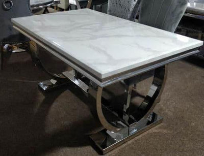 Arianna 180cm White Marble Dining Table + Belgravia Light Grey Plush Velvet Button Dining Chairs-Esme Furnishings