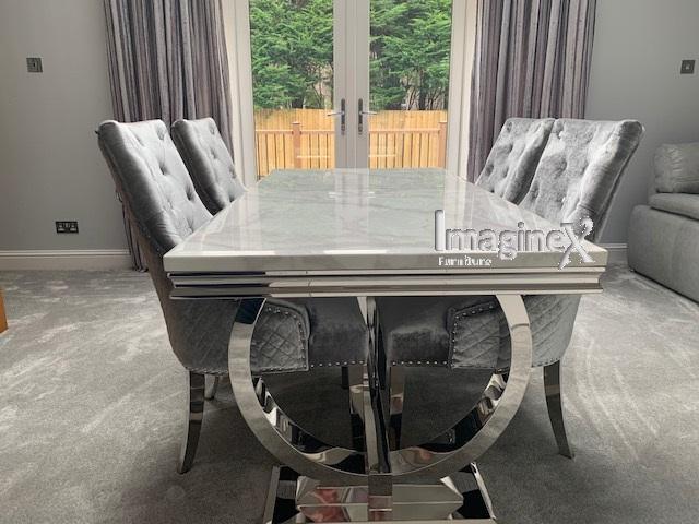 Arianna 180cm White Marble Dining Table + Belgravia Dark Grey Plush Velvet Button Dining Chairs-Esme Furnishings