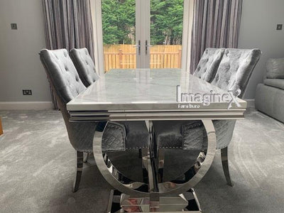 Arianna 180cm White Marble Dining Table + Belgravia Dark Grey Plush Velvet Button Dining Chairs-Esme Furnishings