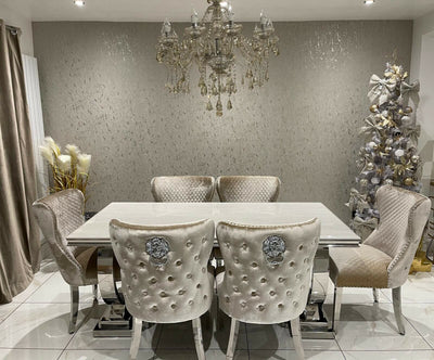 Arianna Cream Marble 200CM Dining Table + Valente Champagne Lion Velvet Chairs