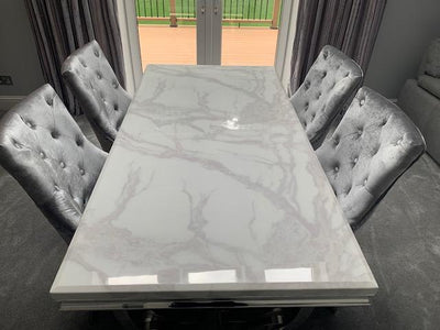 Arianna 180cm White Marble Dining Table + Belgravia Dark Grey Plush Velvet Button Dining Chairs-Esme Furnishings