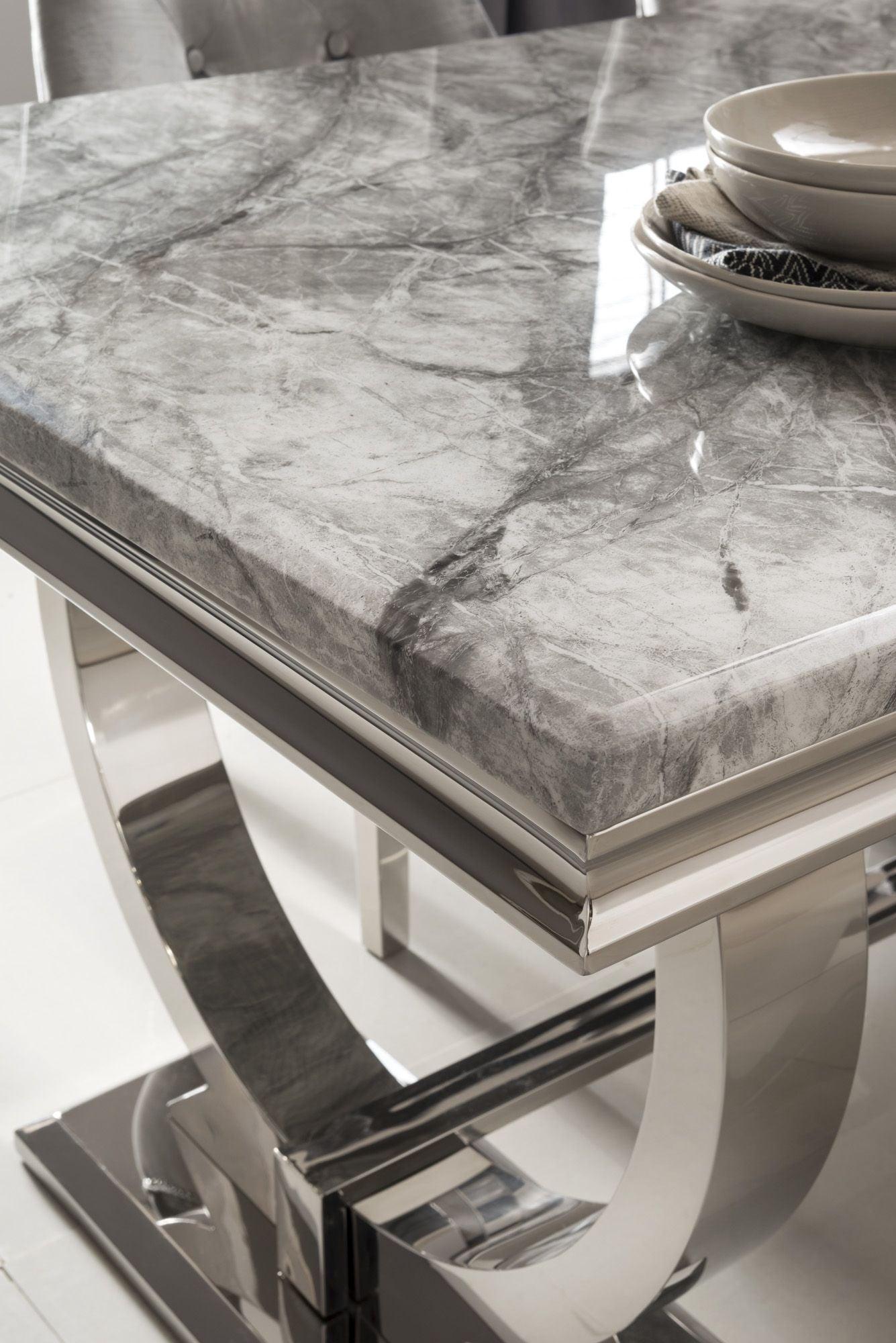 Arianna 180cm Grey Marble Dining Table + Silver Grey Lion Knocker Velvet Chairs-Esme Furnishings