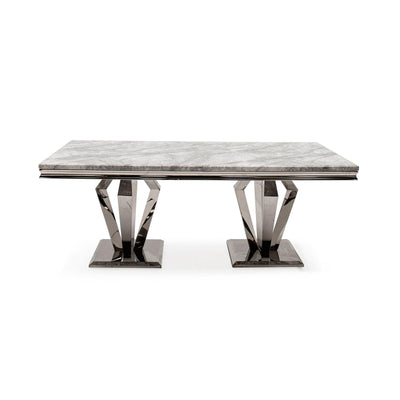 Arturo 180cm Grey Marble Dining Table + Grey Chrome Ring Knocker Faux Leather Chairs-Esme Furnishings