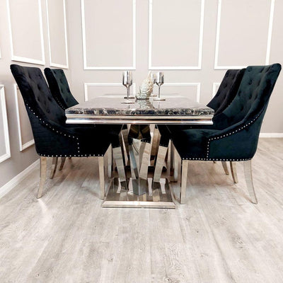 Athena 180cm Marble Dining Table + Lion Knocker Plush Velvet Dining Chairs - Special Promo Price-Esme Furnishings