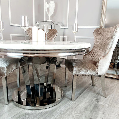 Arianna Cream Marble 200CM Dining Table + Valente Champagne Lion Velvet Chairs