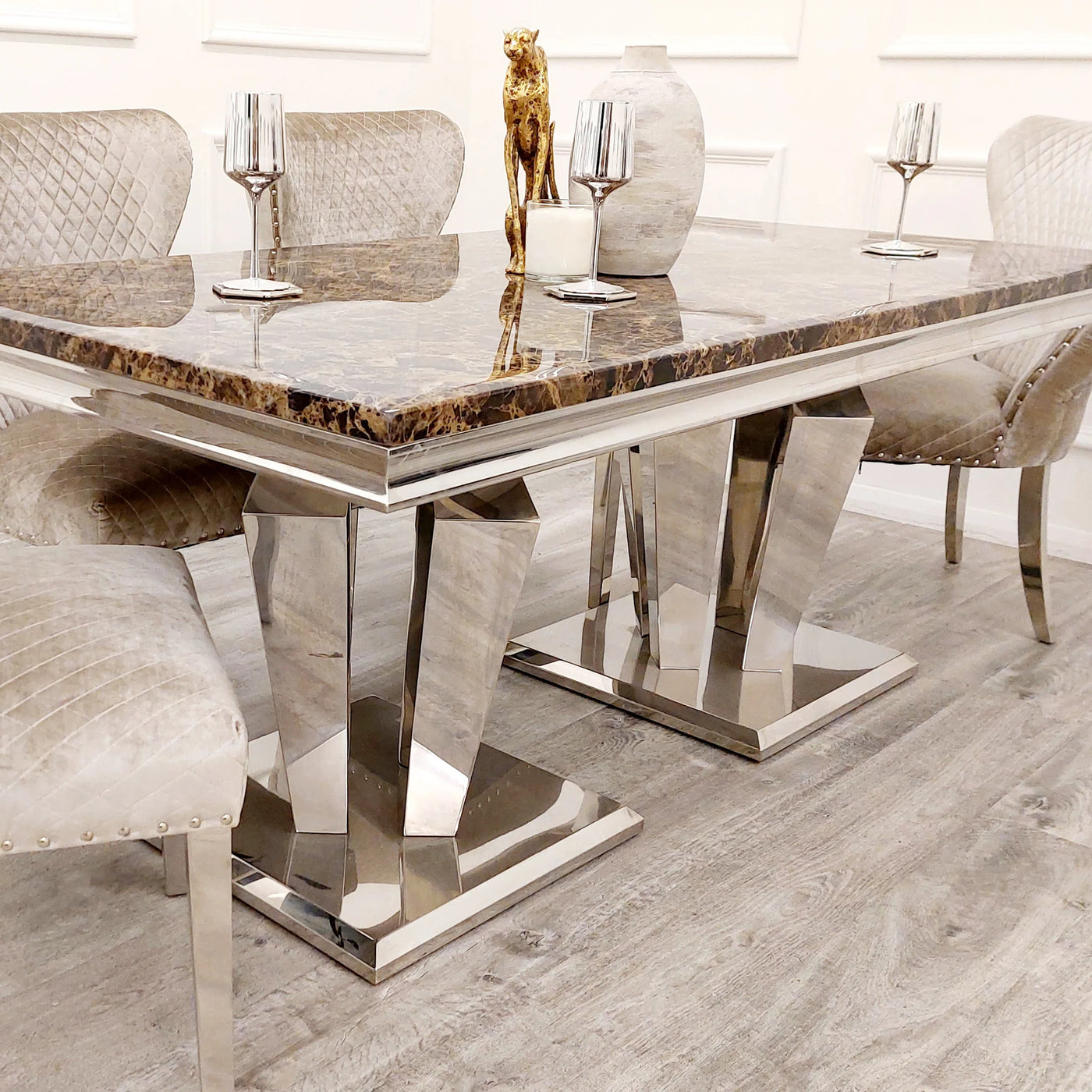 Arturo 180cm Brown Marble Dining Table Valente Champagne Mink