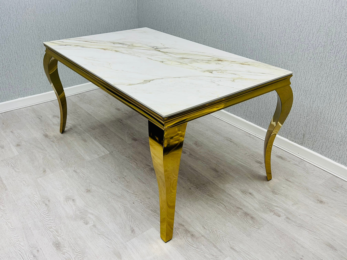 Louis Gold 150cm Ceramic Marble Cream Gold Dining Table With Shimmer Gold Lion Knocker Dining Chairs