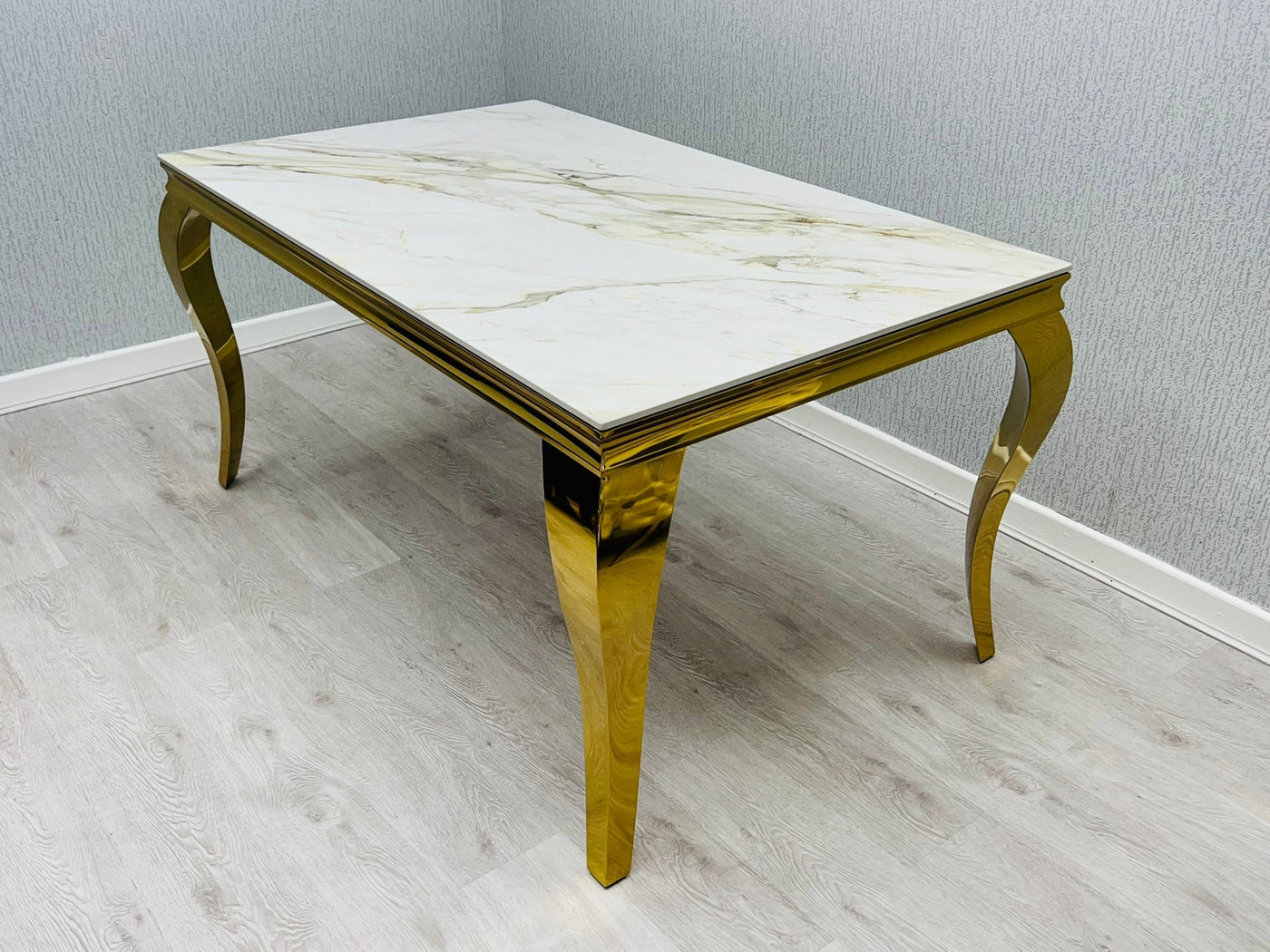 Louis Gold Cream Marble Dining Table With Shimmer Gold Ring Knocker Dining Chairs