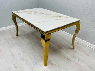 Louis Gold Cream Marble Dining Table With Shimmer Gold Ring Knocker Dining Chairs
